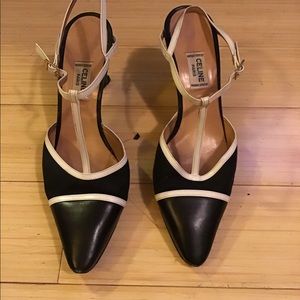 Celine Paris black heels with white accent